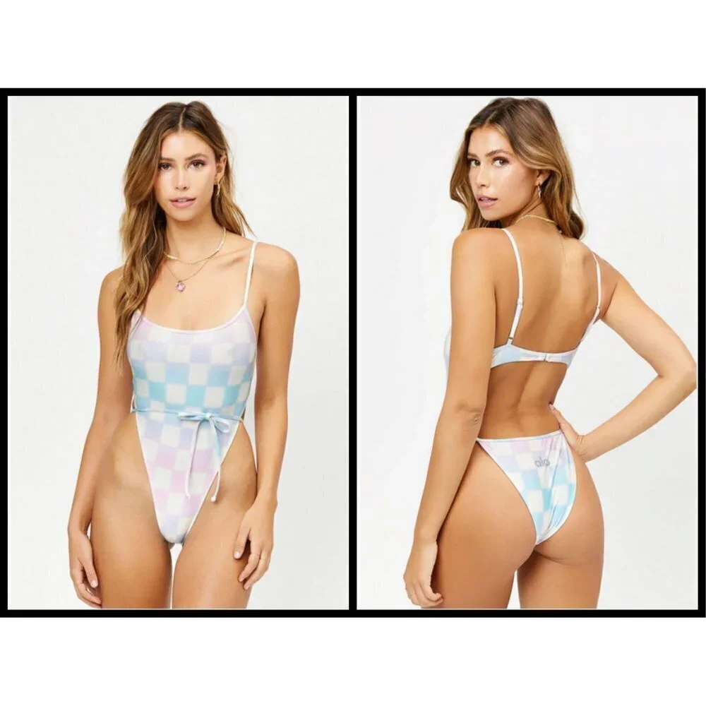 💕ALO x FRANKIES BIKINIS💕 Croft One Piece Swimsuit ~ Pastel Checker Large L NWT